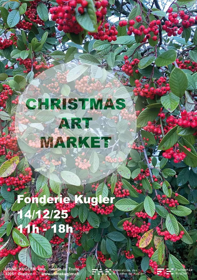 Flyer du marché de Noel de Kugler avec en des feuilles vertes et des fruits rouges