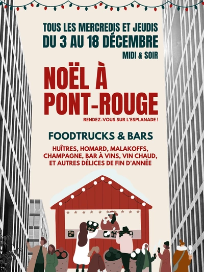 L’image est une affiche de communication pour un événement de Noël. Elle présente un décor urbain stylisé, un texte informatif et une illustration festive.
Décor général
L’arrière-plan montre deux grands immeubles gris, très hauts et symétriques, encadrant l’affiche de chaque côté.
En haut, une guirlande lumineuse dessinée, avec des petites ampoules rouges, vertes et jaunes, traverse horizontalement l’image d’un bord à l’autre.
Texte principal
Au centre de l’affiche, sur un fond beige, du texte en lettres majuscules annonce l’événement :
« Tous les mercredis et jeudis du 3 au 18 décembre – midi & soir » (en vert foncé)
« Noël à Pont-Rouge » (en très grand, rouge vif)
« Rendez-vous sur l’esplanade ! » (en rouge, plus petit)
« Foodtrucks & bars » (en vert foncé)
Une liste d’aliments et boissons proposée, en rouge : « Huîtres, homard, malakoffs, champagne, bar à vins, vin chaud, et autres délices de fin d’année »
Illustration en bas de l’image
Une petite cabane de marché de Noël, rouge avec un toit enneigé, se trouve au centre.
Devant la cabane, plusieurs personnages stylisés sont dessinés :
Une femme en manteau blanc achète quelque chose au comptoir.
Une personne derrière le comptoir, coiffée d’un bonnet de Noël, sert les visiteurs.
D’autres personnes, en manteaux d’hiver, discutent, mangent ou prennent des photos.
Au sol, plusieurs grands paniers noirs sont remplis de boules de Noël.
L’ensemble évoque une ambiance chaleureuse, hivernale et festive, typique des marchés de Noël.