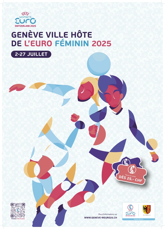 L'affiche du Weuro 2025 a un fond gris clair et blanc. On y trouve des petites images des villes suisses, leurs emblèmes, ainsi que des scènes de matchs de football, comme des buts, des supporters et des moments sur le terrain.

En haut de l'affiche, il y a le titre de l'événement : "Euro Féminin 2025 avec les dates 2-27 juillet ".

Au centre de l'affiche, deux femmes sont représentées côte à côte, avec un ballon au-dessus de leurs têtes. Elles sont dessinées de façon abstraite avec des couleurs vives comme le jaune, le rouge, l'orange et le pourpre.

En bas de l'affiche, on trouve les informations pratiques, comme le prix, les partenaire et le site officiel de l'évènement.